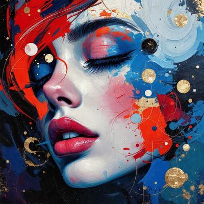 The primary subject of the image is a woman with red hair, painted in a blue and gold color scheme. She is depicted with her eyes closed, possibly sleeping or resting. The setting is a painting, which showcases the woman's beauty and the artist's skill in creating a visually appealing piece of art. The visual style is a combination of digital art and illustration, with the use of gold and blue colors to create a unique and captivating atmosphere.